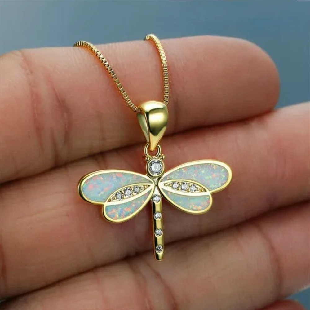 White Opal Dragonfly Gold Pendant Necklace Cyrstal -‎ Beautiful Nature, Elegant